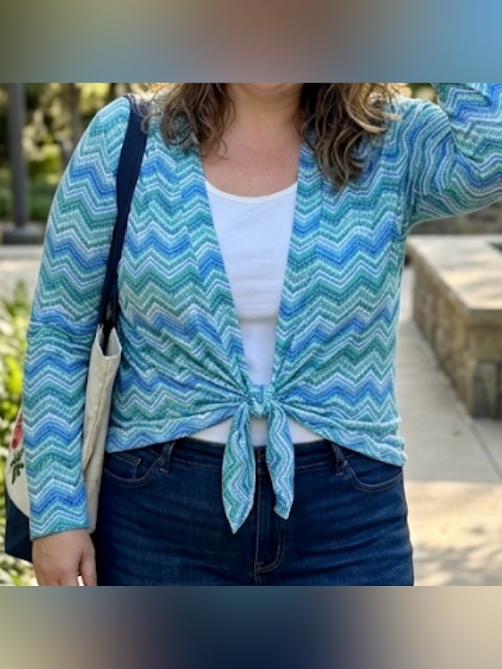 Sheila Rose Tie-Front Chevron Knit Cardigan in Blue and Green